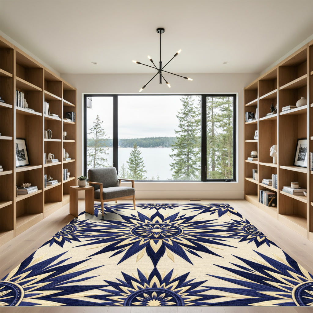 Navy and Cream Celestial Sunburst Rug