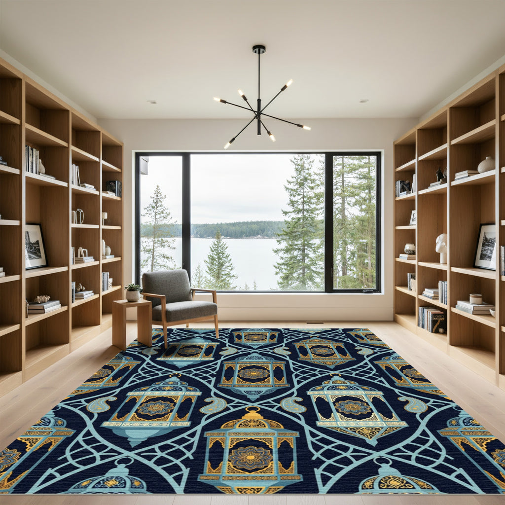 Golden Lantern Blue Paisley Lattice Art Rug