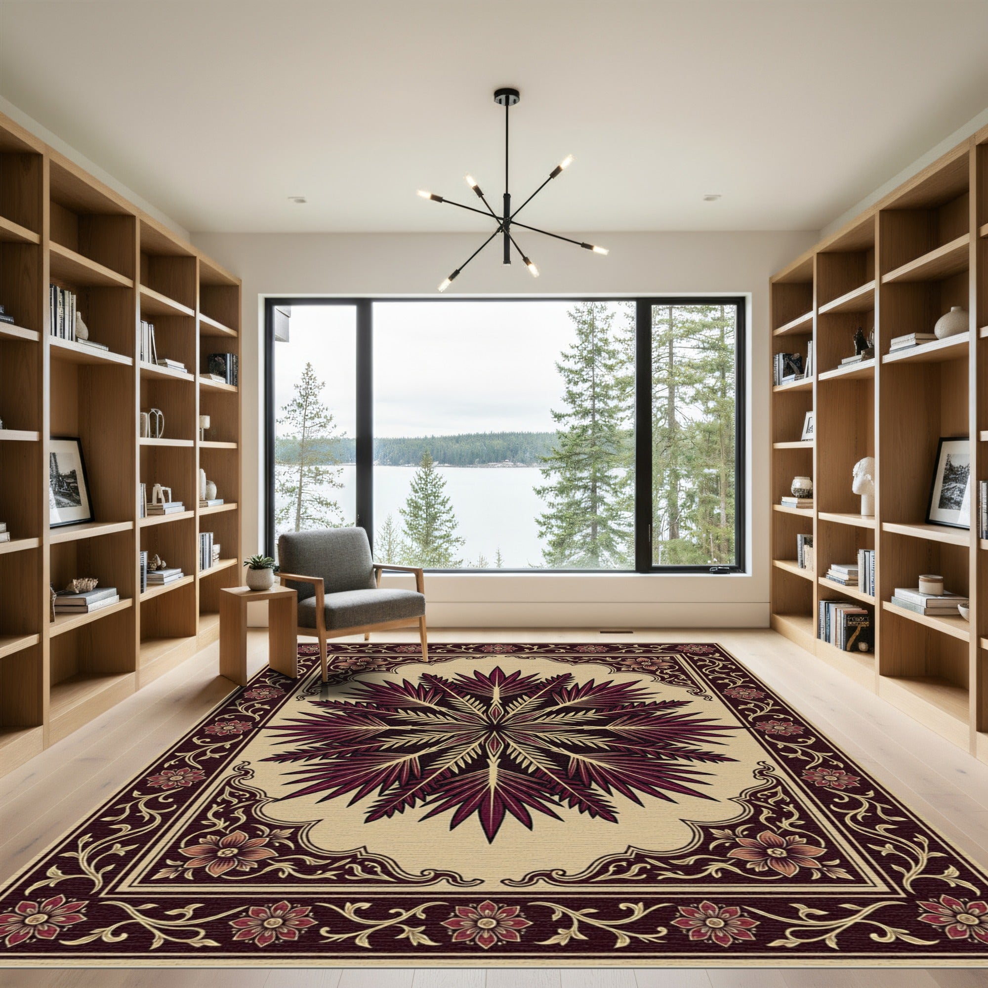 Dark Burgundy Palm Leaf Medallion Rug