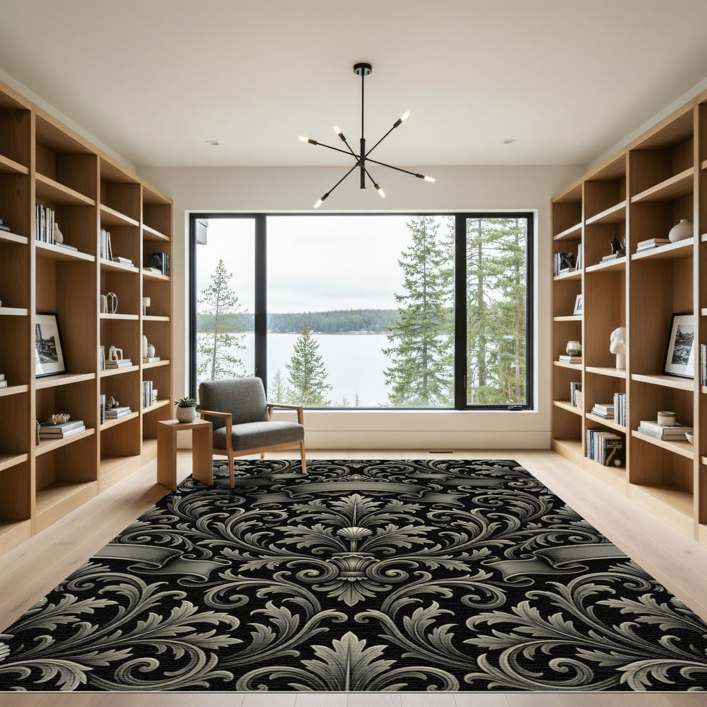 Gray Baroque Scroll Ribbon Rug