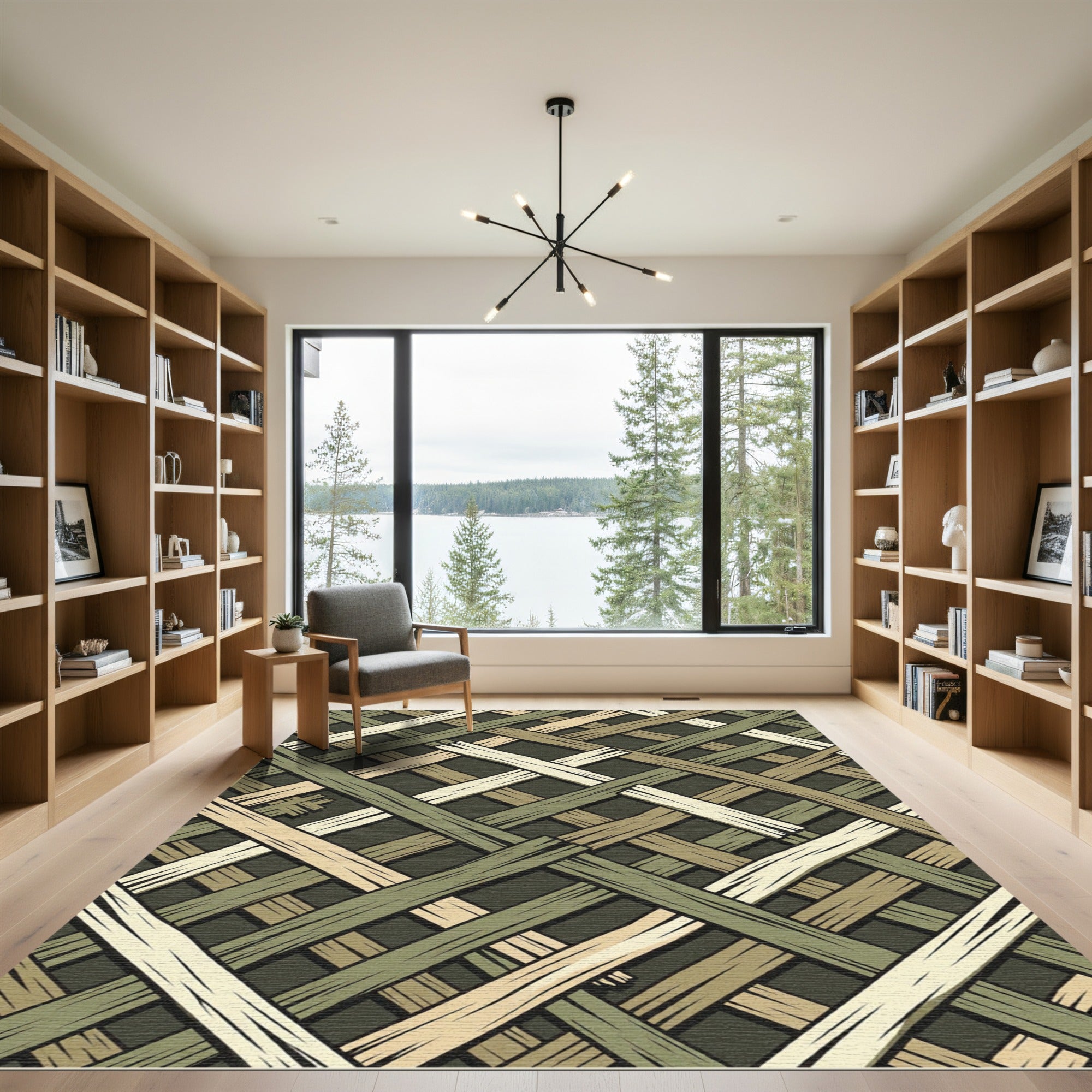 Layered Sage Olive and Cream Woven Grid Rug