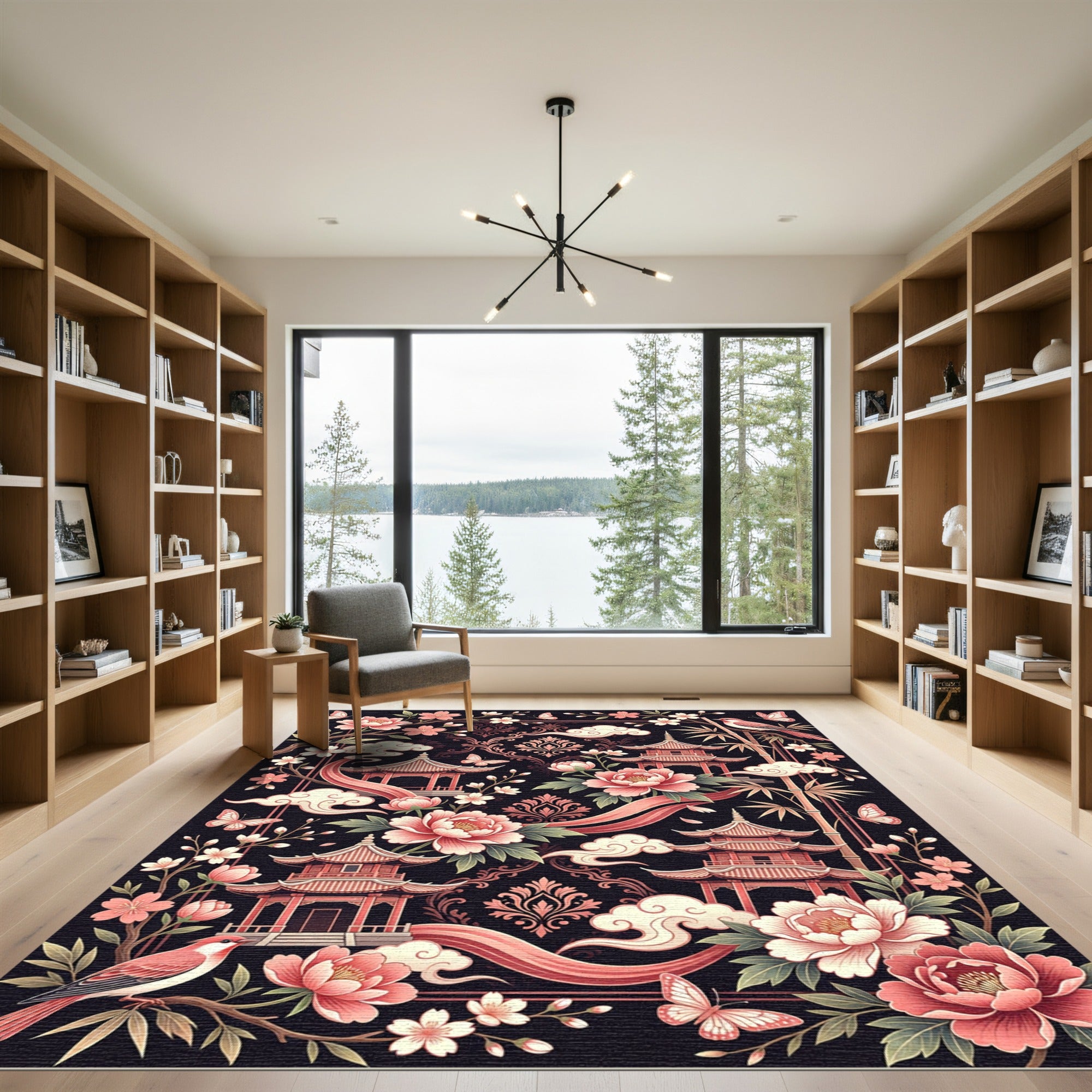 Pink Peony Chinoiserie Pavilion Bird Scroll Rug