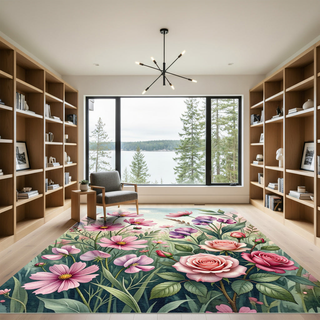 Blush Pink Garden Floral Watercolor Rug