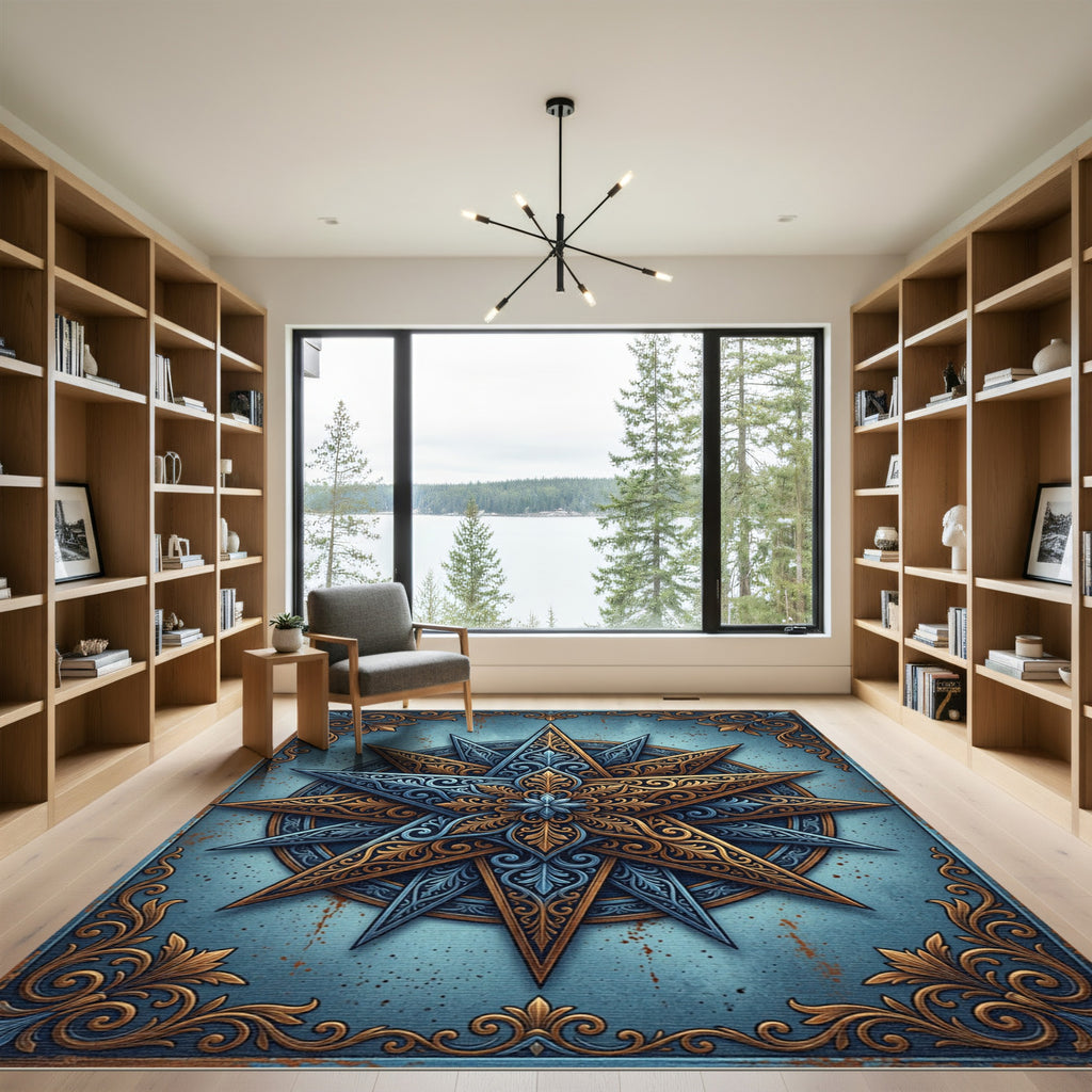 Ornate Gold Celestial Star Blue Medallion Rug