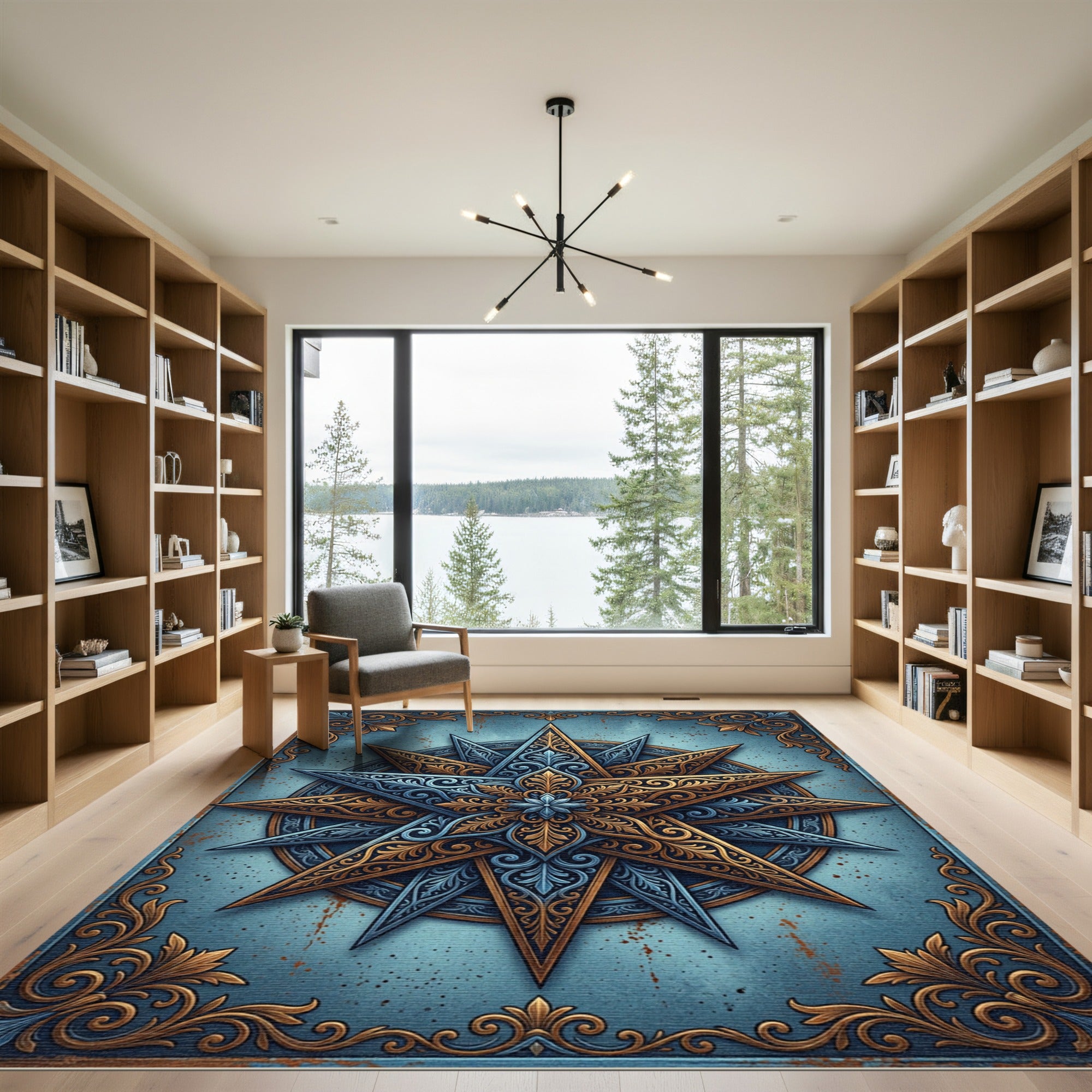 Ornate Gold Celestial Star Blue Medallion Rug