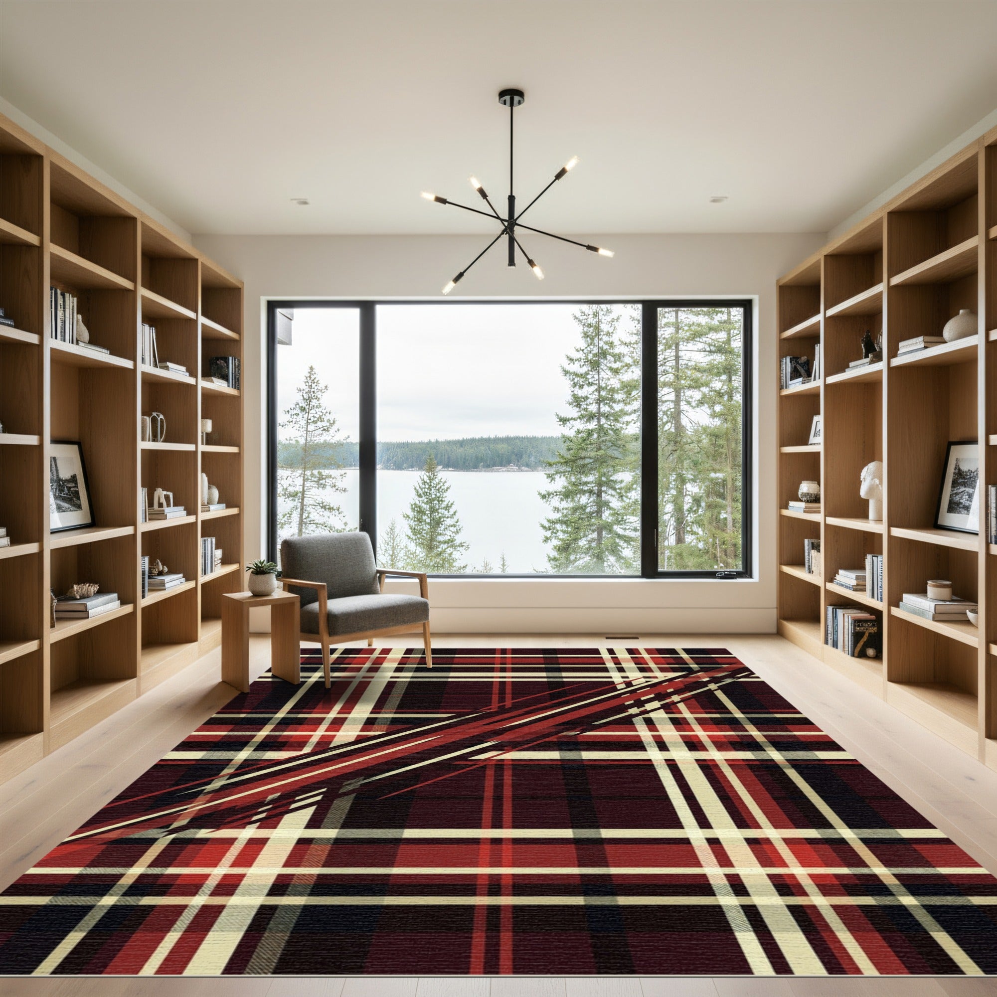 Deep Red and Cream Plaid Streak Rug
