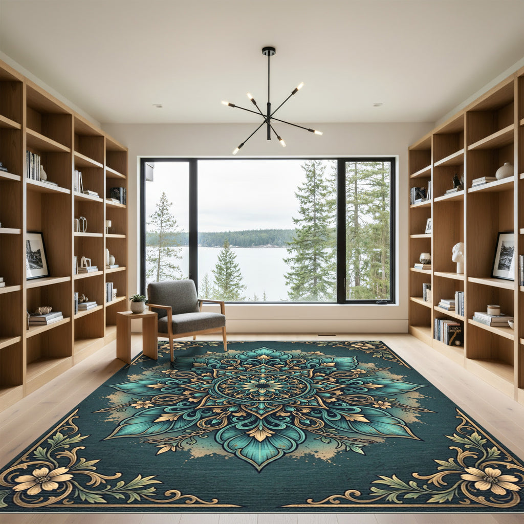 Teal Flourish Medallion with Golden Accents Rug