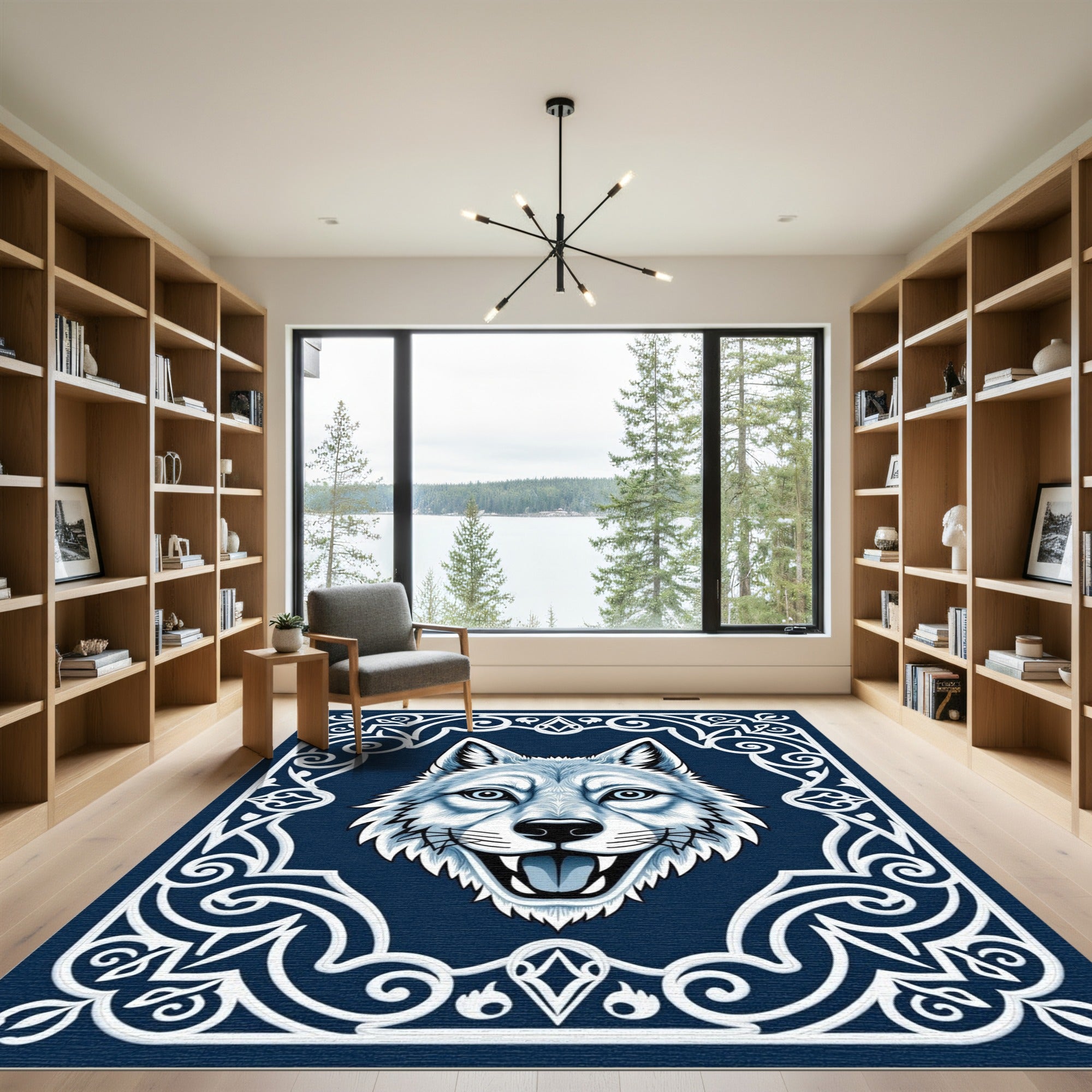 Bold Blue Wolf Tribal Frame Rug