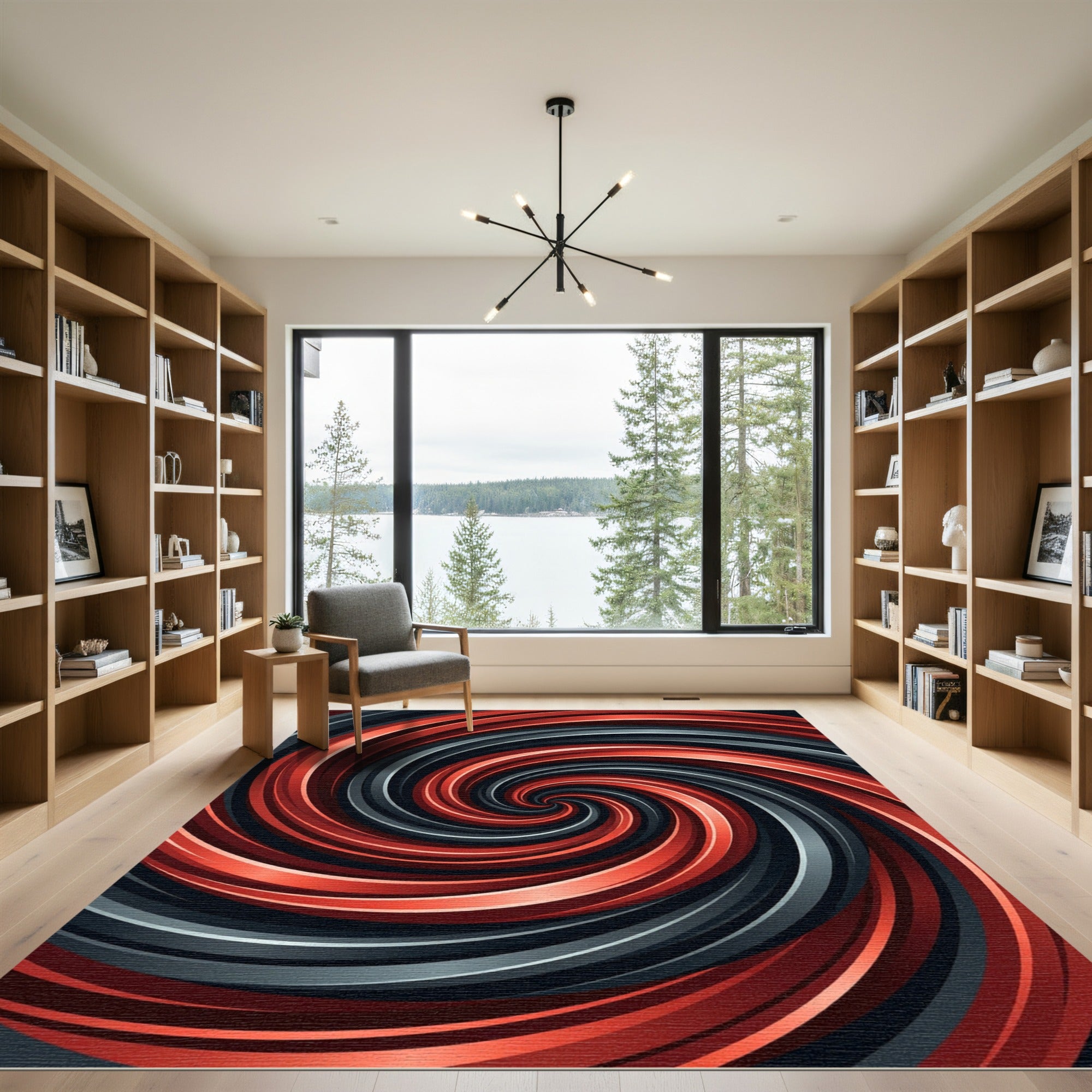 Modern Crimson and Charcoal Swirling Vortex Rug