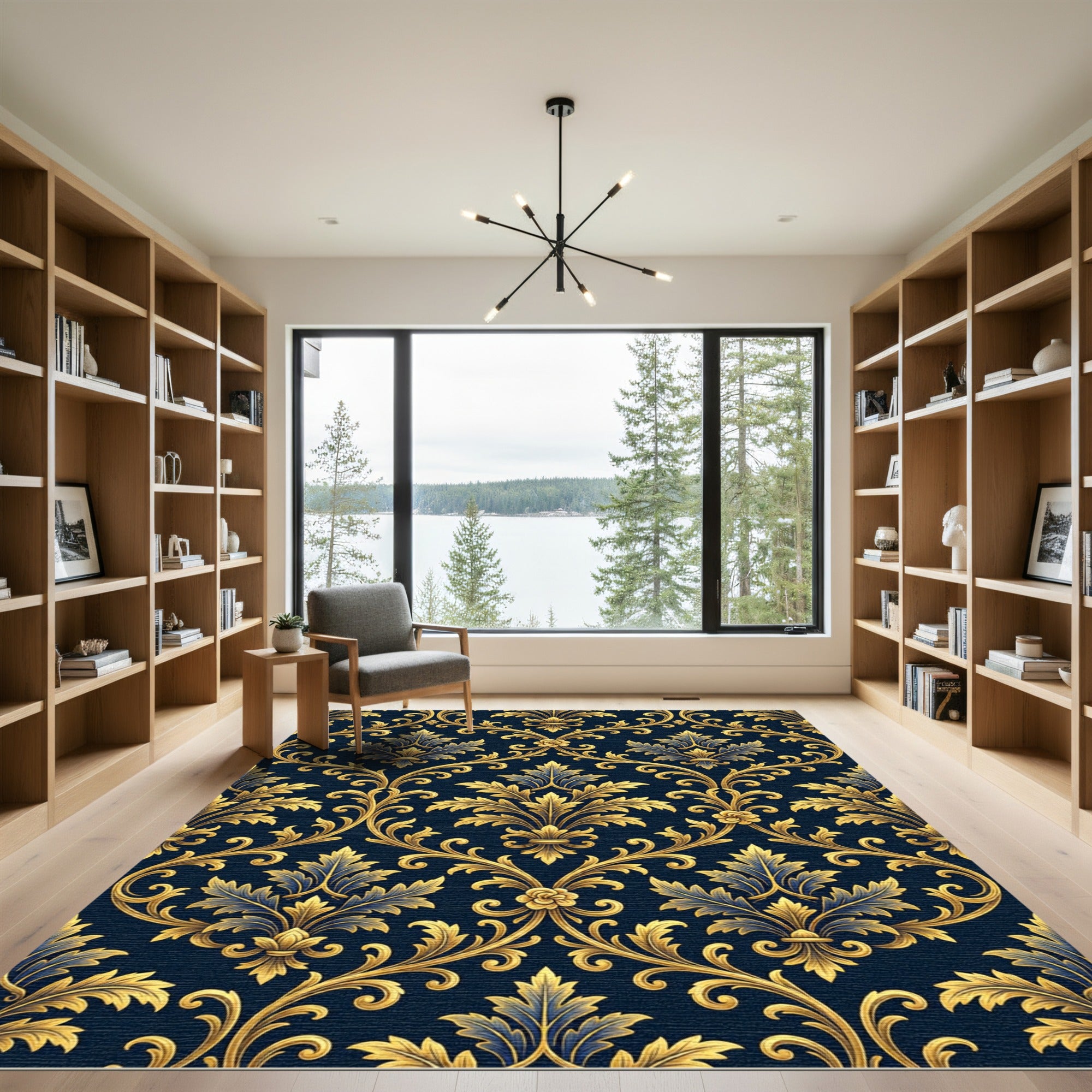 Elegant Gold Damask Navy Scroll Rug