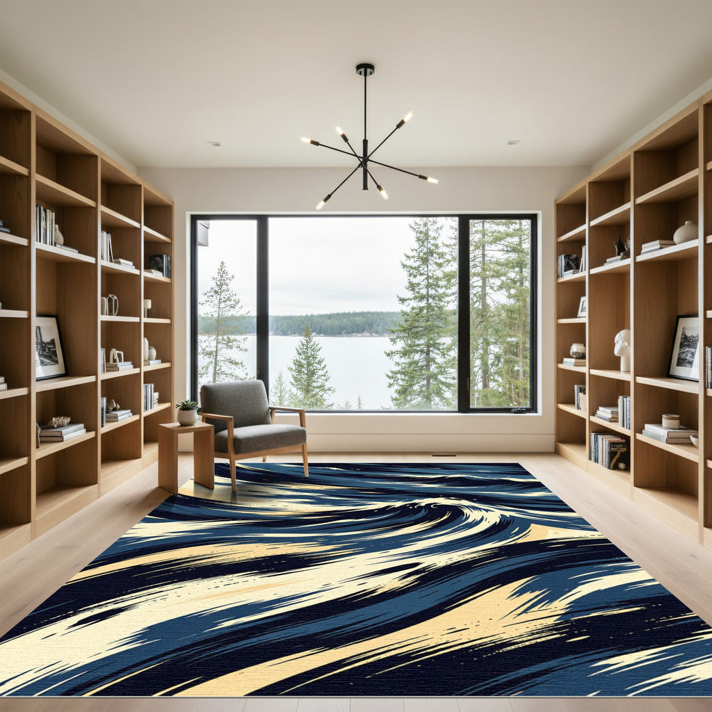Deep Blue Cream Abstract Wave Rug