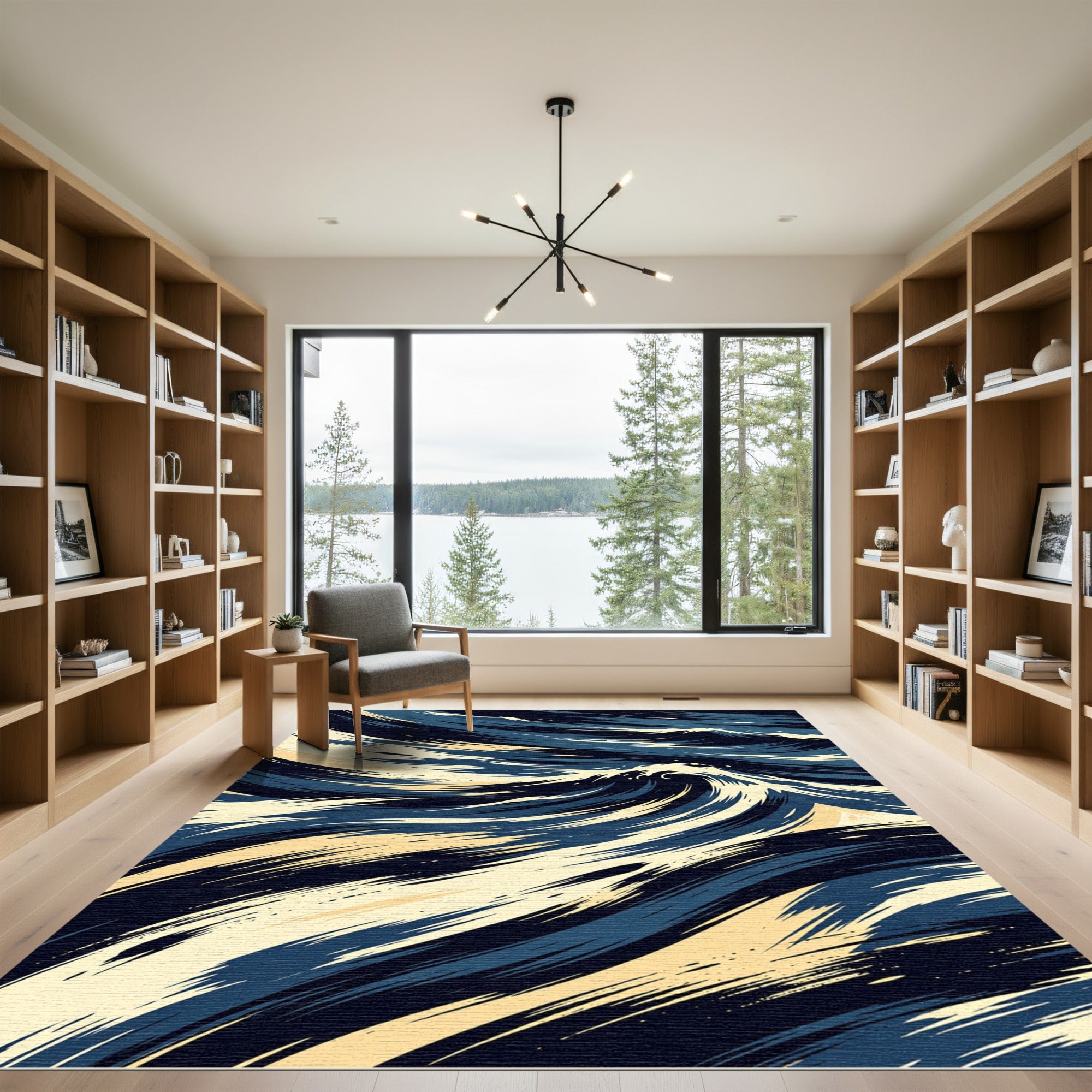 Deep Blue Cream Abstract Wave Rug
