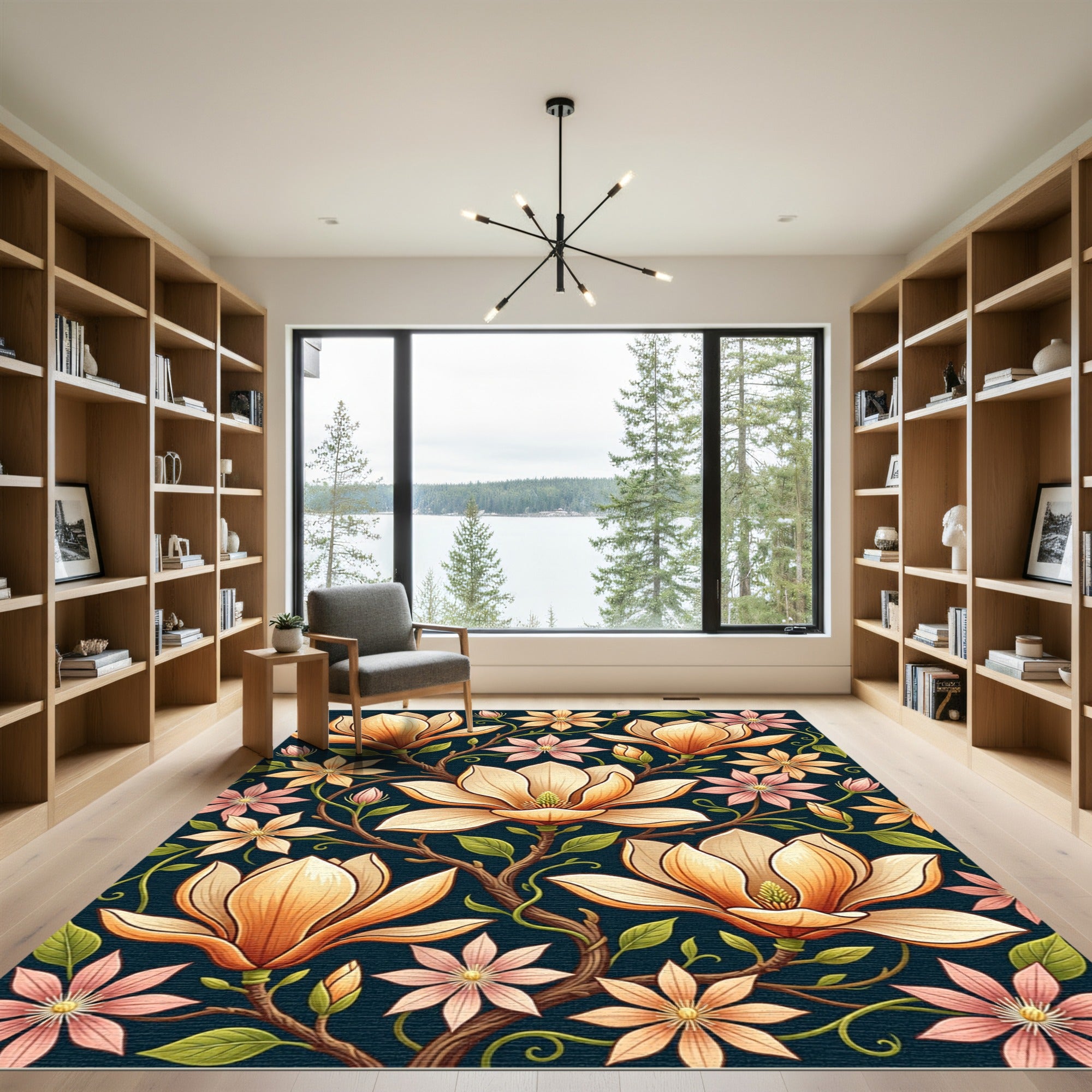 Elegant Golden Magnolia Floral Botanical Art Rug