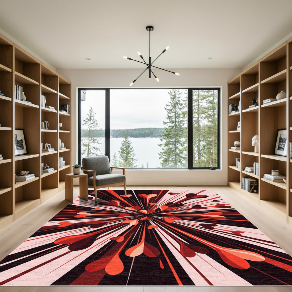 Vibrant Red Heartburst Radial Abstract Rug