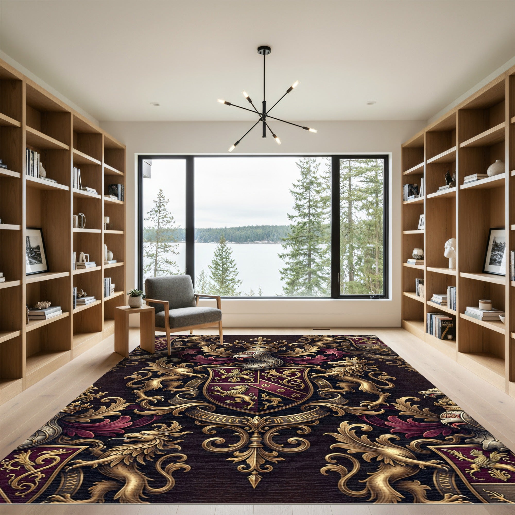 Regal Burgundy Gold Heraldic Crest Tapestry Rug