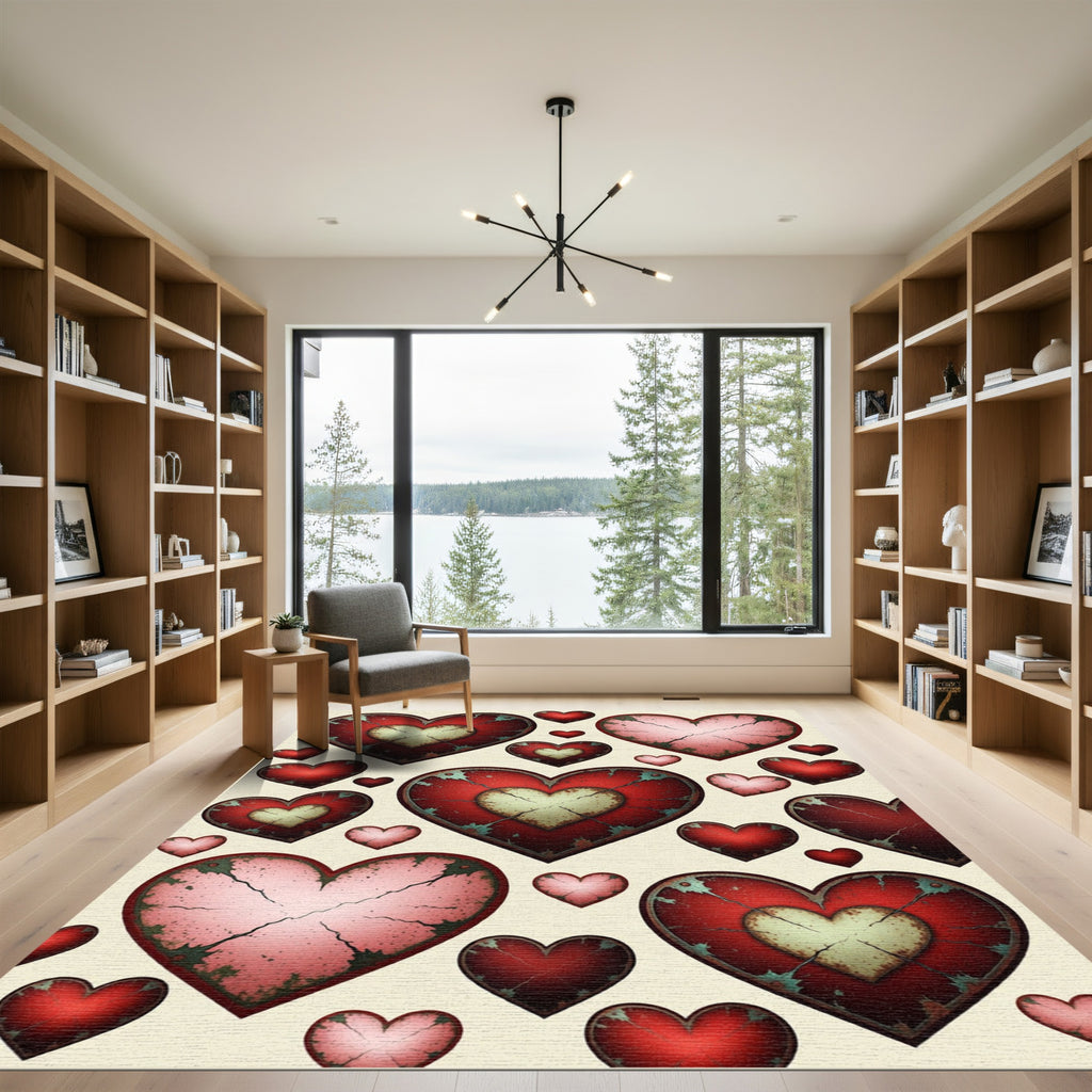 Distressed Crimson Cracked Heart Collage Rug