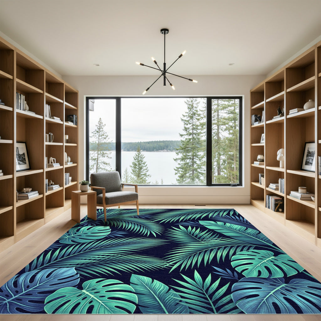 Lush Teal Tropical Foliage Composition Rug