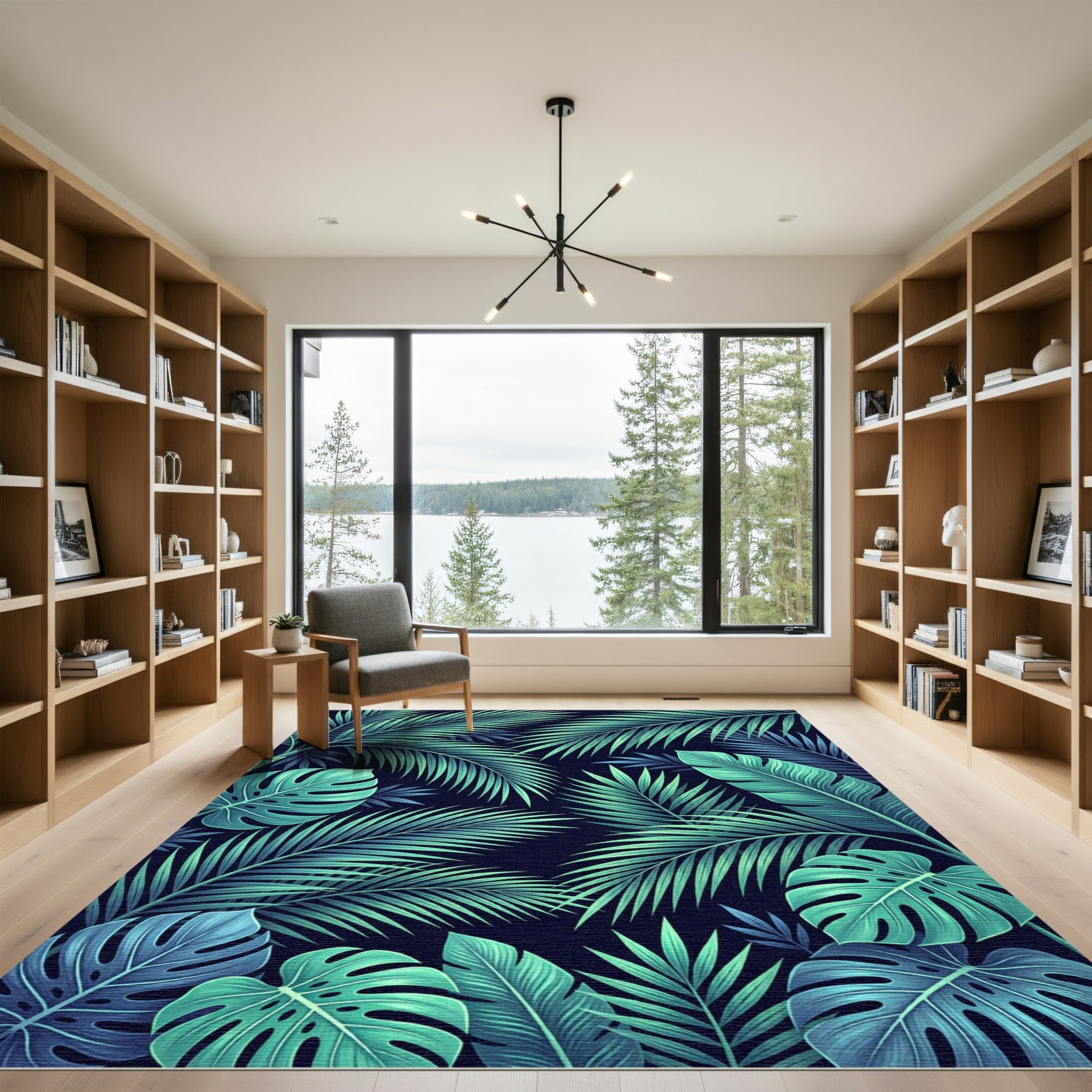 Lush Teal Tropical Foliage Composition Rug