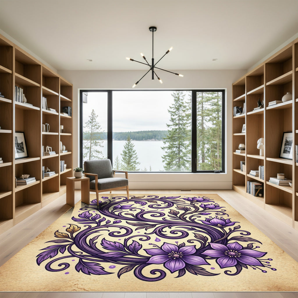 Ornate Purple Floral Swirl Accents Rug