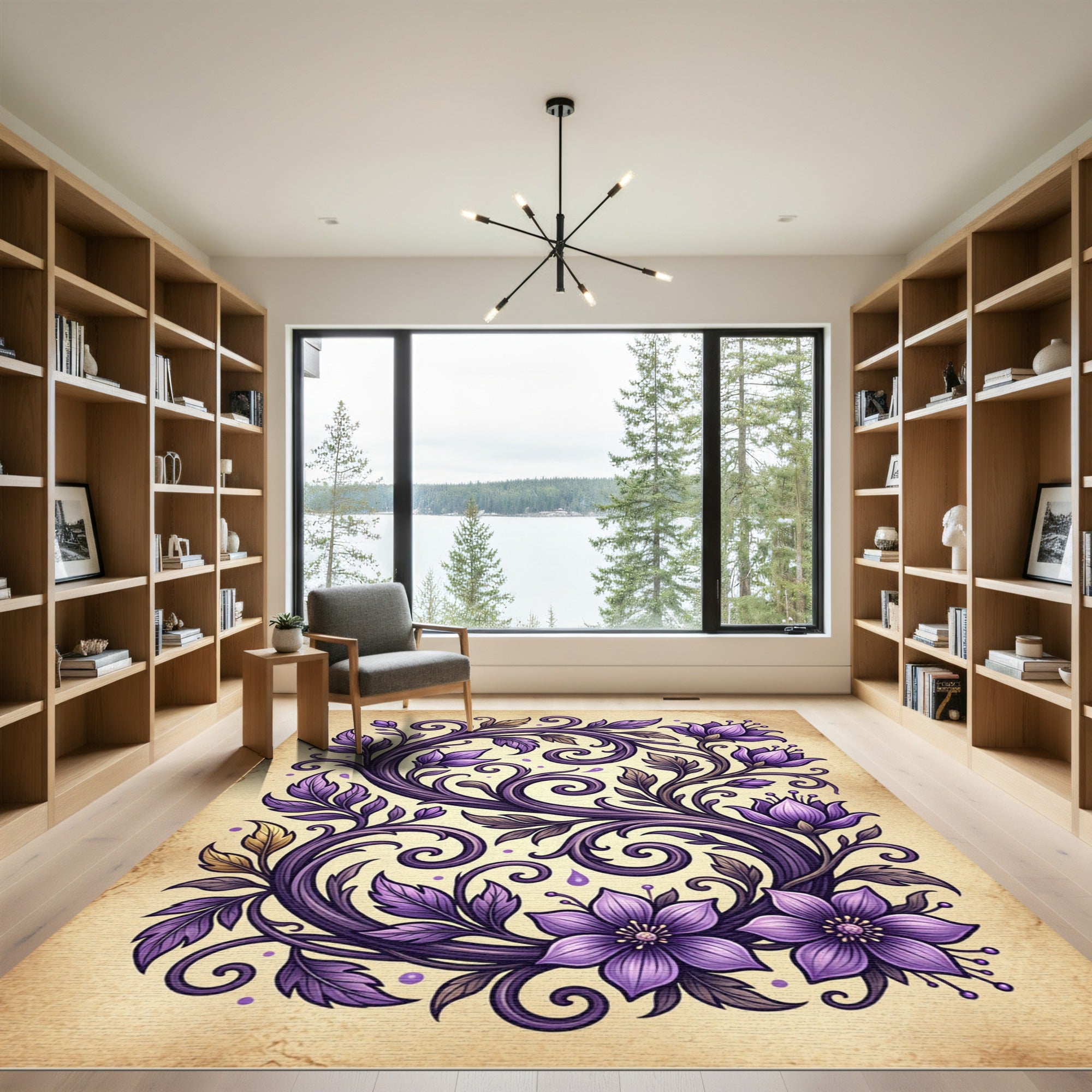 Ornate Purple Floral Swirl Accents Rug