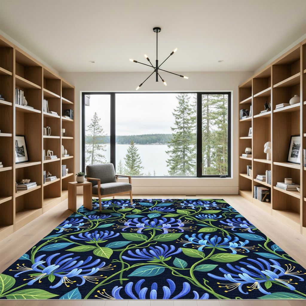 Blooming Navy Blue Honeysuckle Botanical Illustration Rug