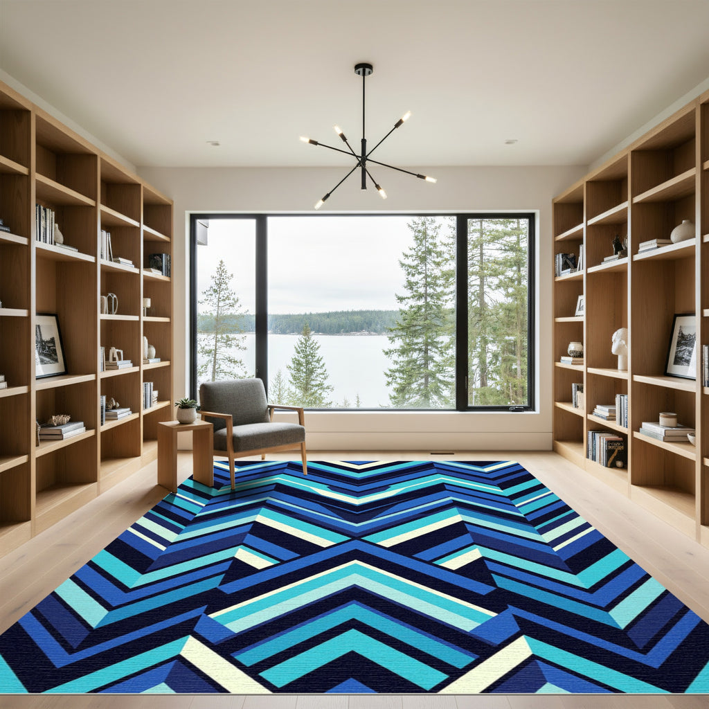 Bold Blue Geometric Chevron Rug