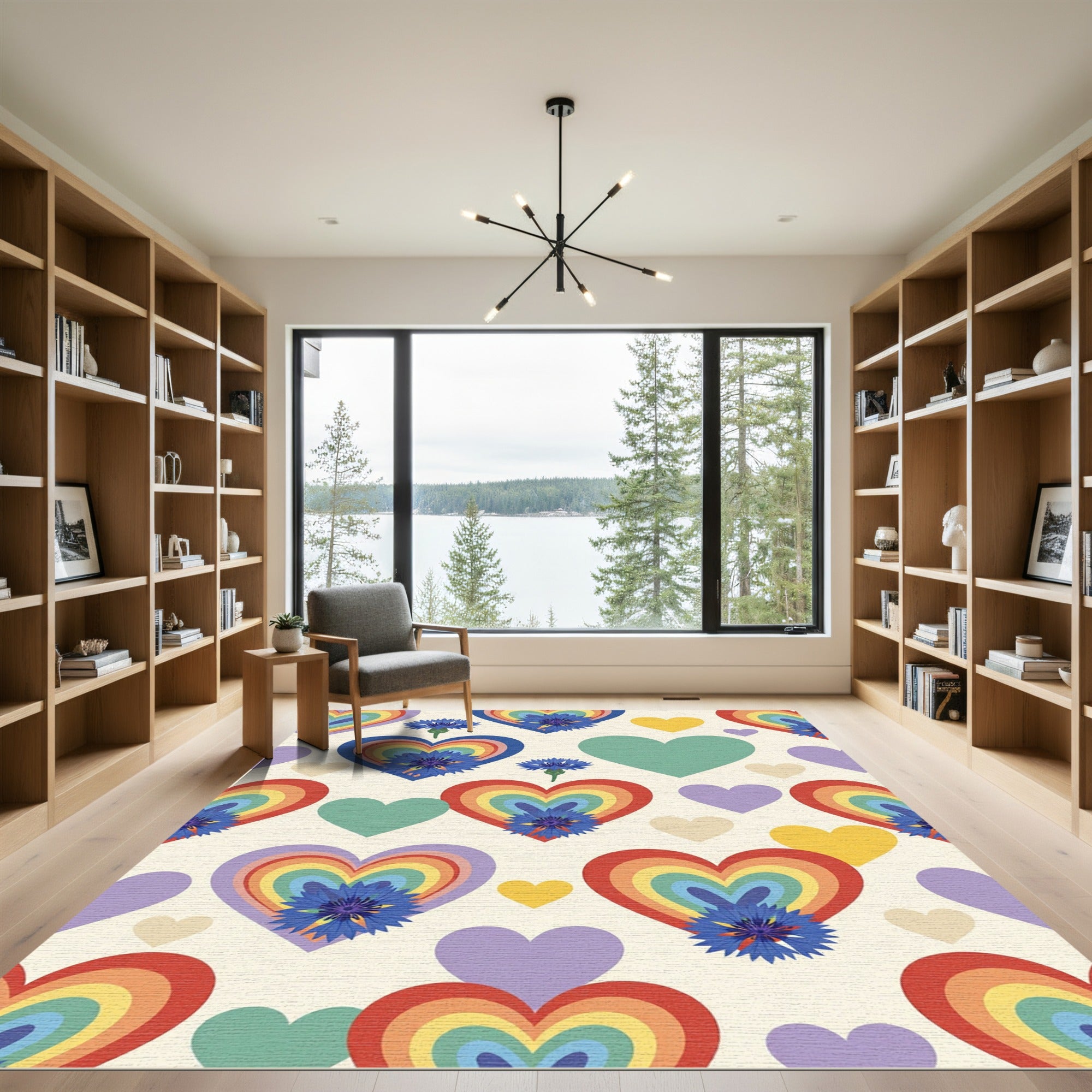 Vibrant Rainbow Heart Cornflower Floral Field Rug