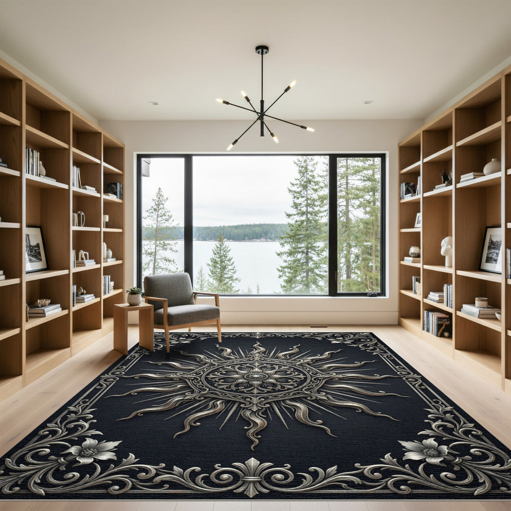 Ornate Silver Sun Filigree Border Rug