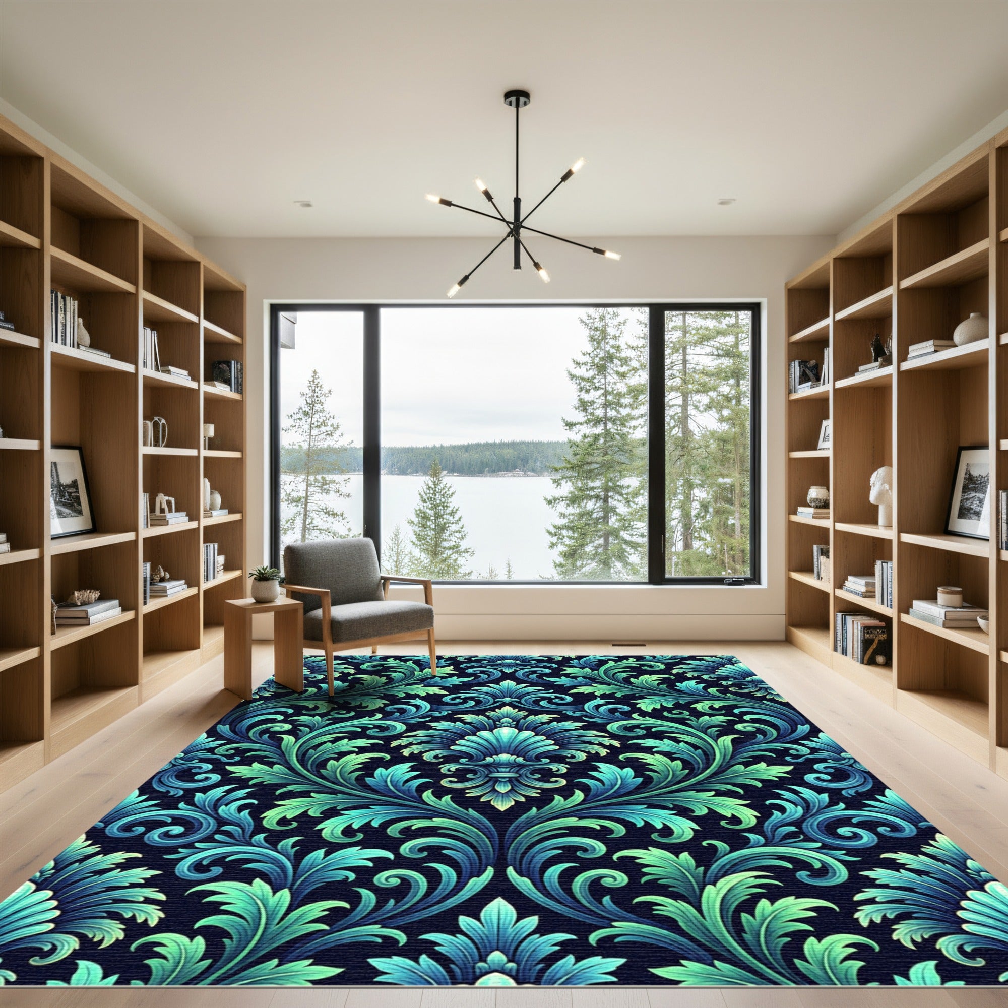 Ornate Teal Emerald Scrollwork Rug