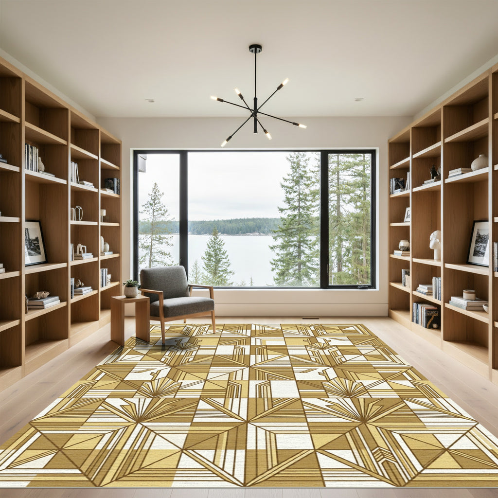Golden Art Deco Geometric Sunburst Rug