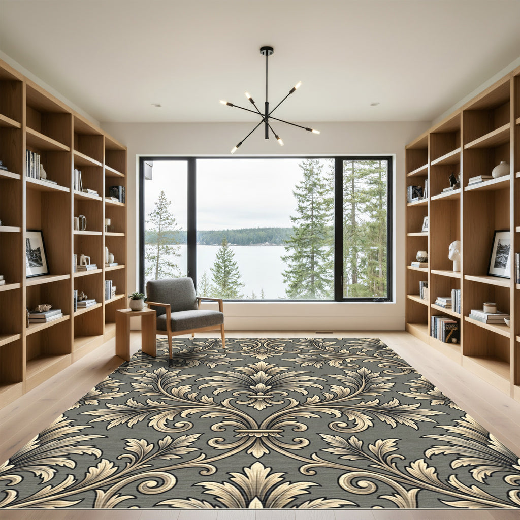Elegant Gray Filigree Damask Scroll Rug