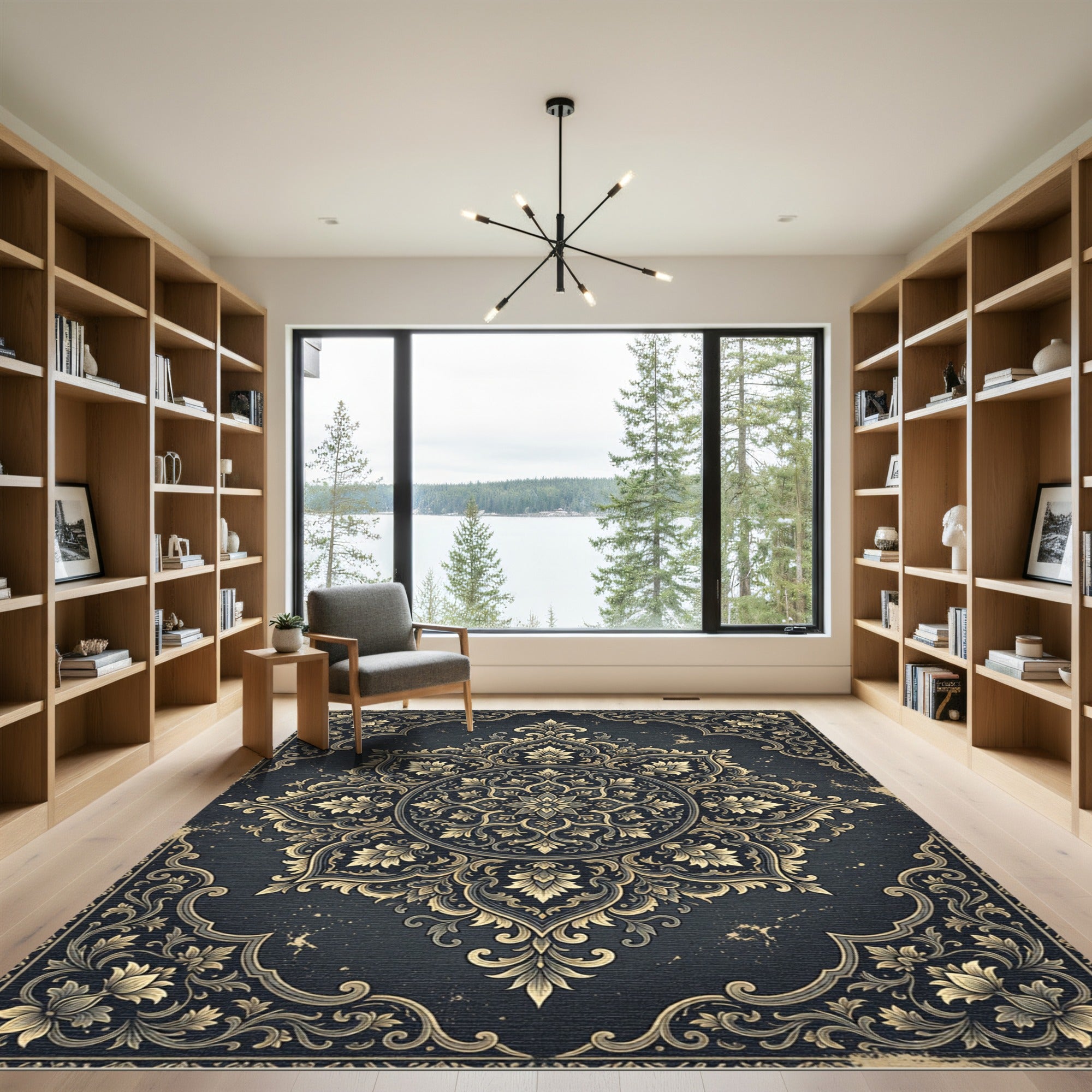 Elegant Charcoal Gold Ornate Floral Medallion Rug