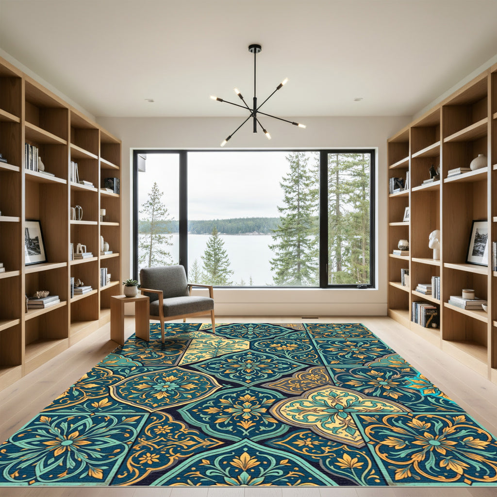 Teal Gold Medallion Floral Collage Rug