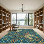 Teal Gold Medallion Floral Collage Rug