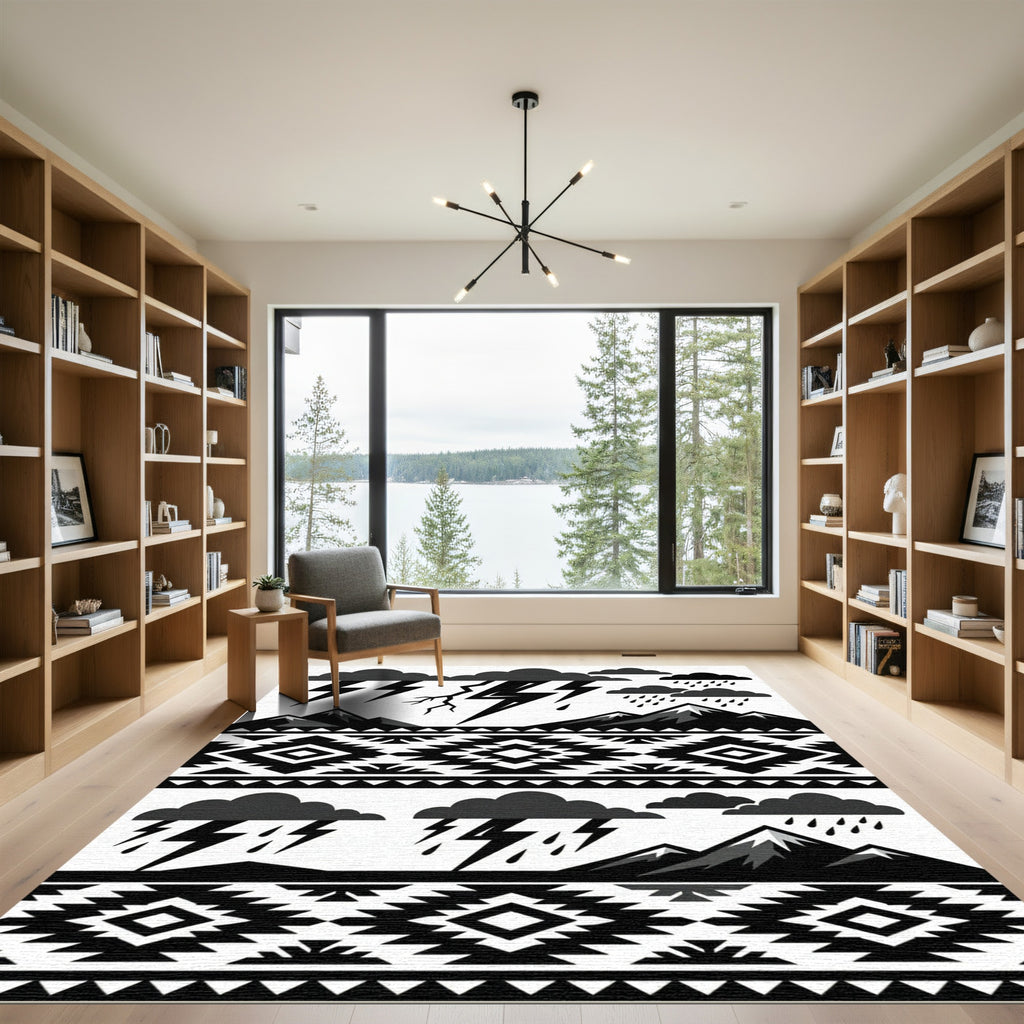 Monochromatic Tribal Storm Mountains Rug