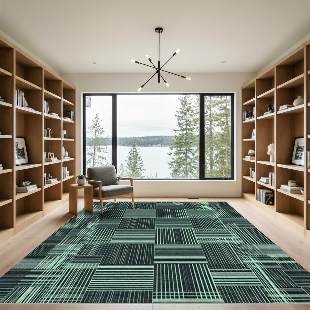 Teal Geometric Grid Blocks Rug