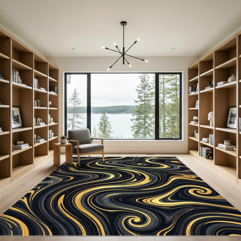 Elegant Black and Gold Fluid Marble Rug