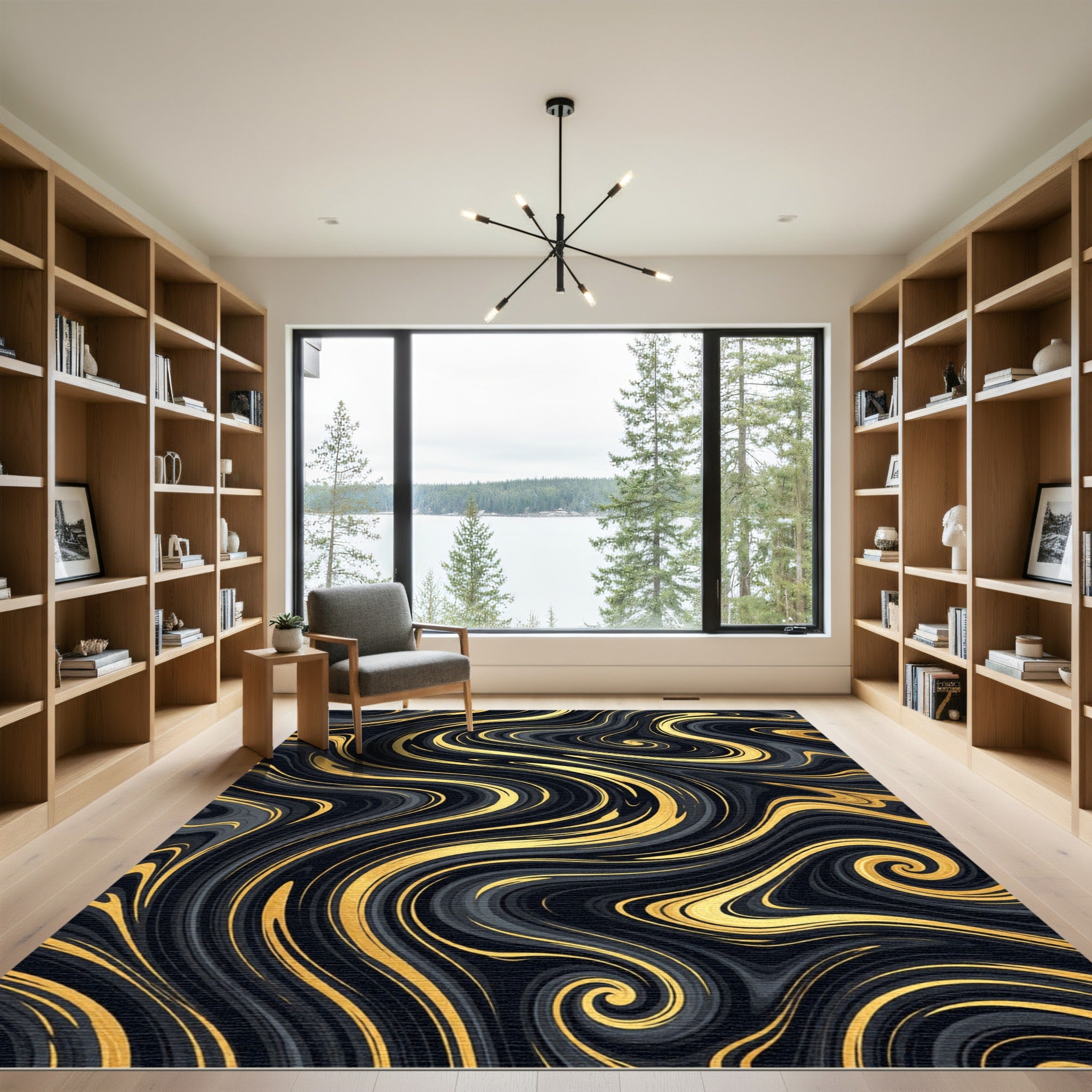 Elegant Black and Gold Fluid Marble Rug