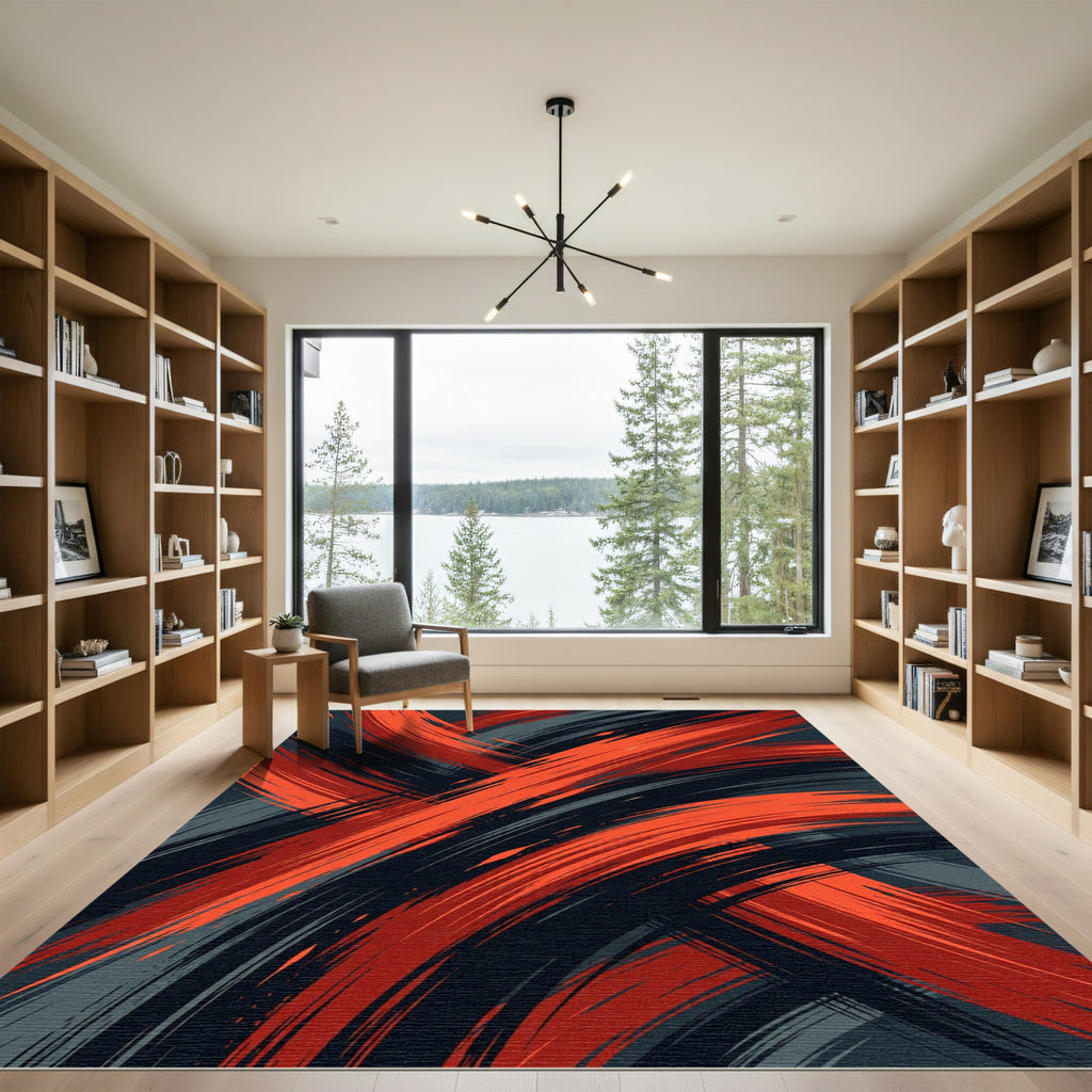 Contemporary Vibrant Red Charcoal Abstract Swirl Rug