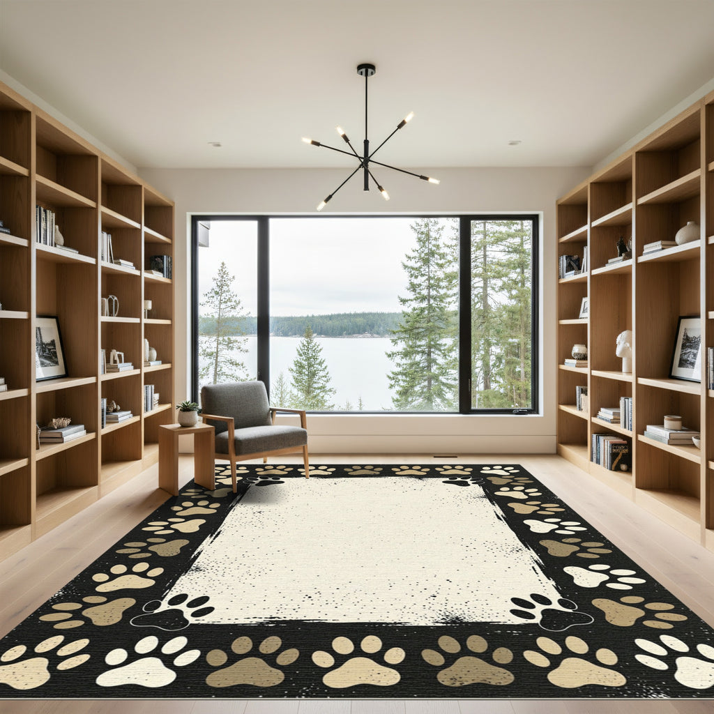 Neutral Paw Print Border Area Rug
