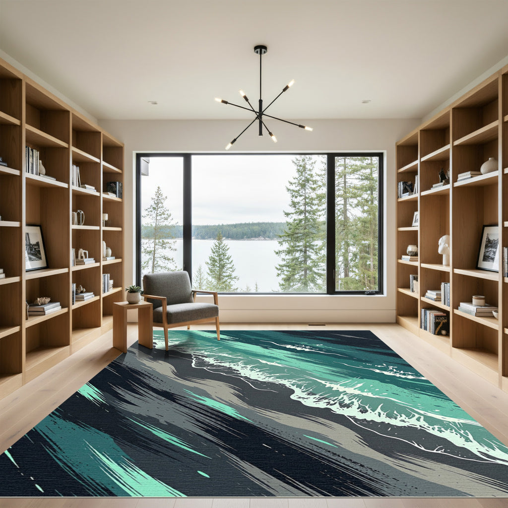 Abstract Teal Ocean Wave Mist Rug