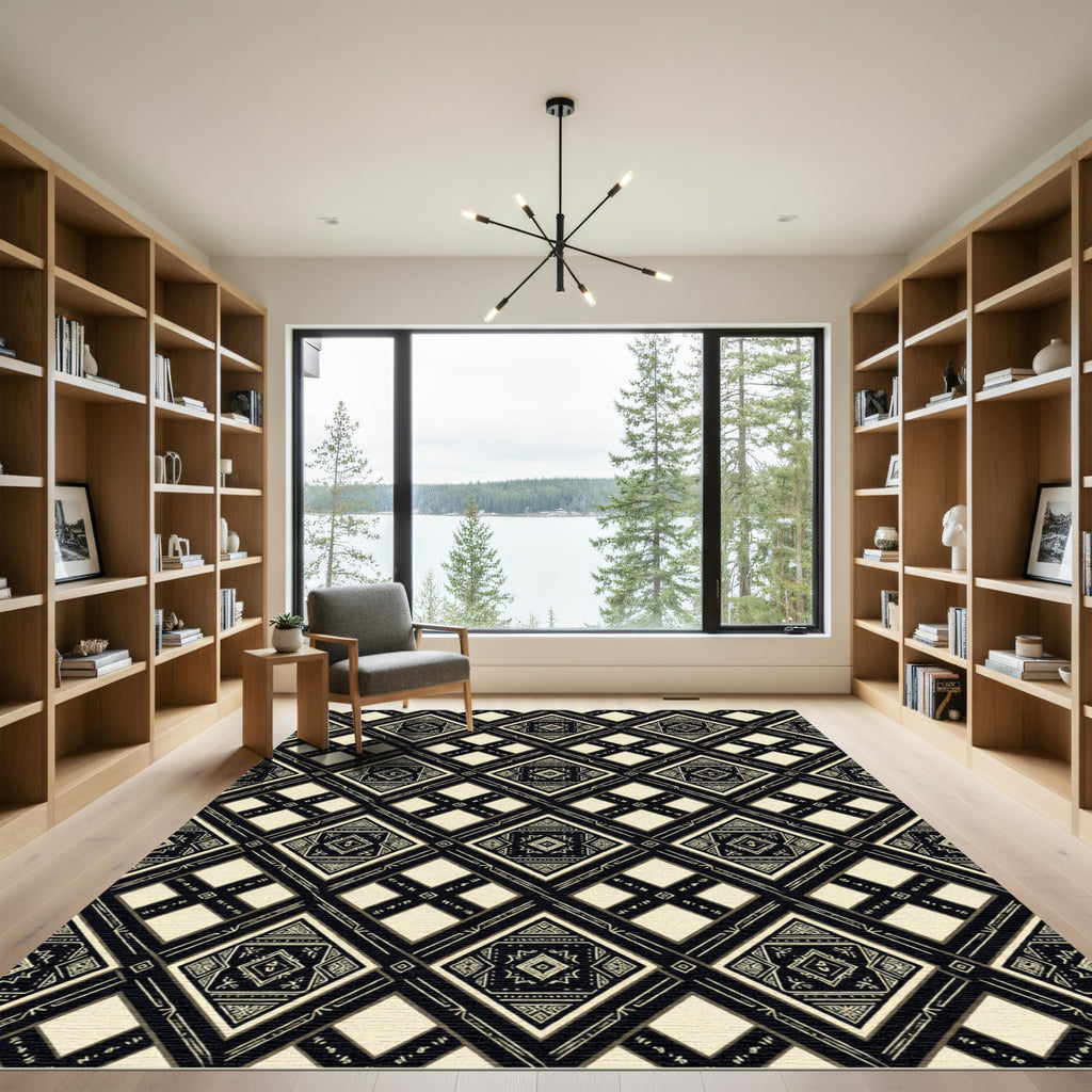 Black and Beige Geometric Diamond Tile Rug