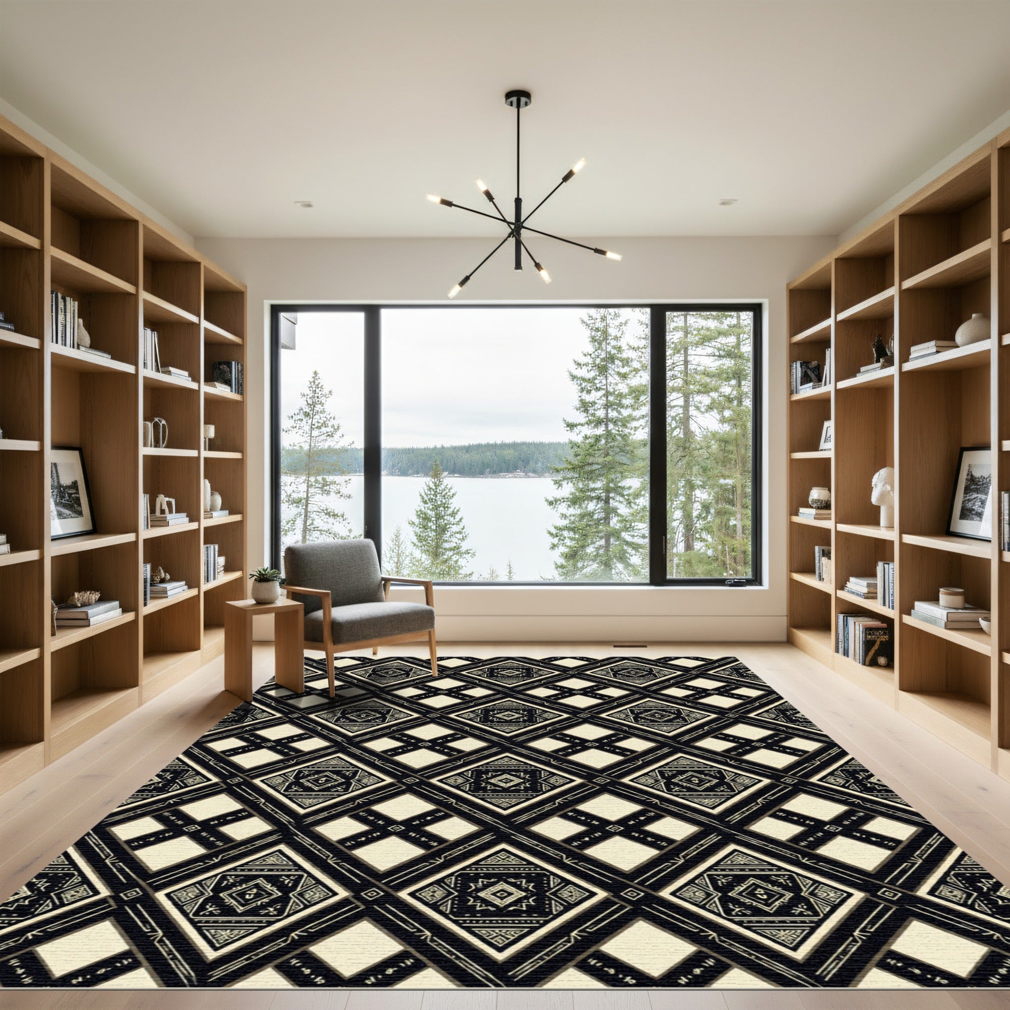 Black and Beige Geometric Diamond Tile Rug