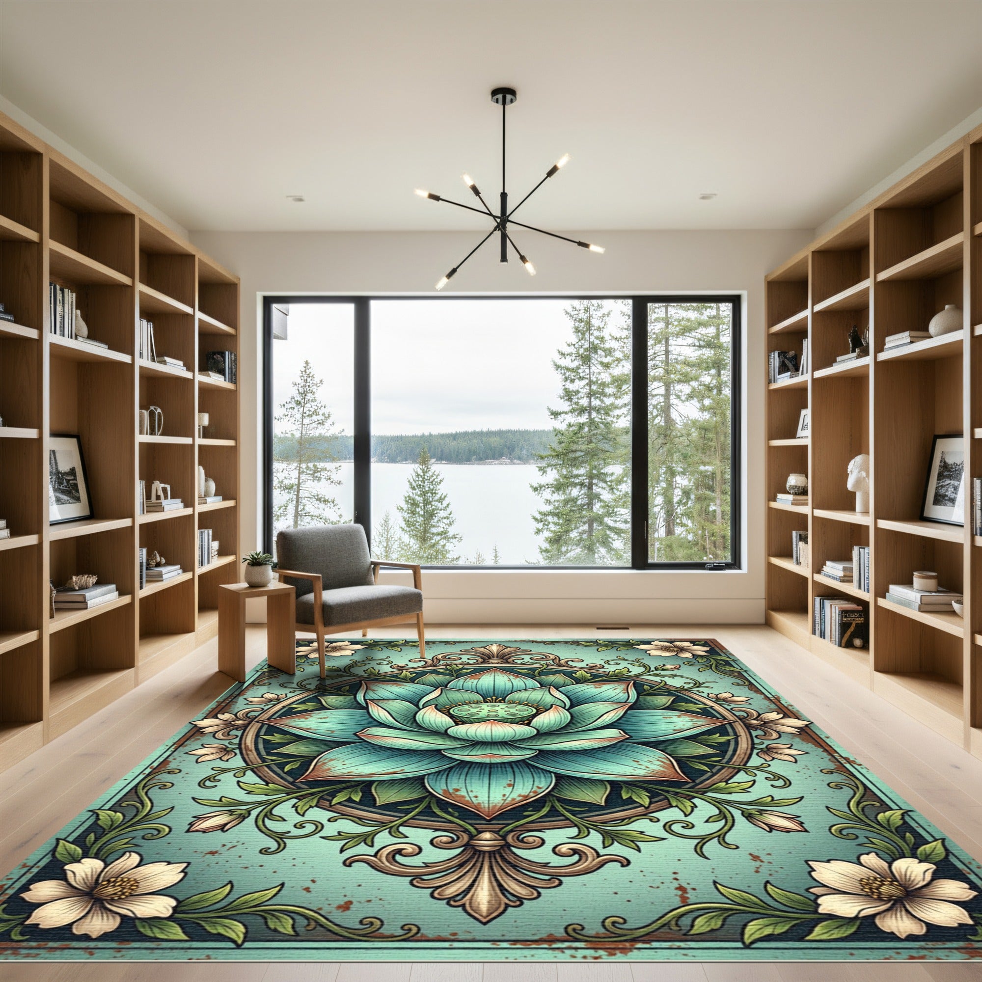 Ornate Turquoise Lotus Flower Mandalas Rug