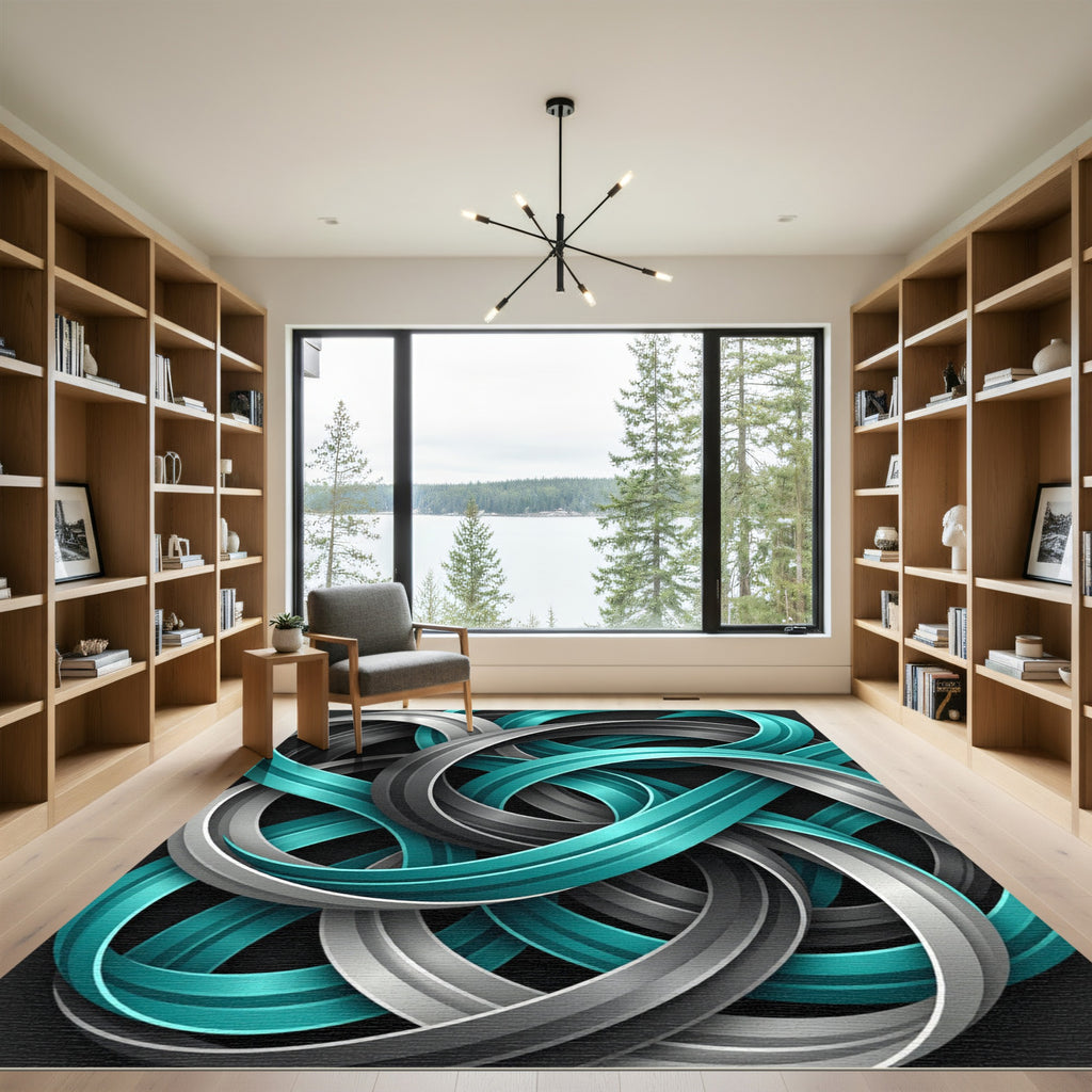 Abstract Teal and Silver Interwoven Swirls Rug