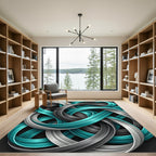 Abstract Teal and Silver Interwoven Swirls Rug