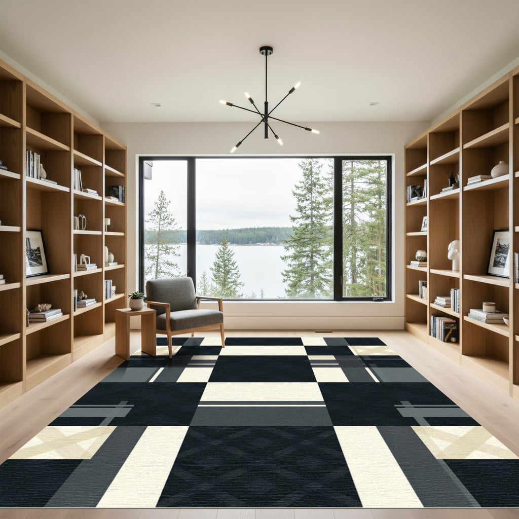 Dark Gray Cream Plaid Geometric Checks Rug