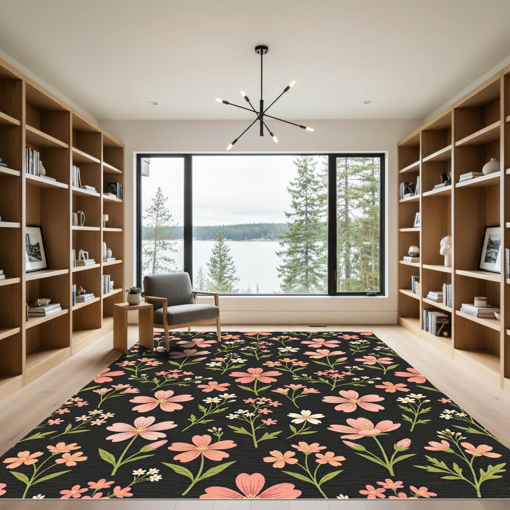 Coral Pink Floral Sprigs Dark Rug