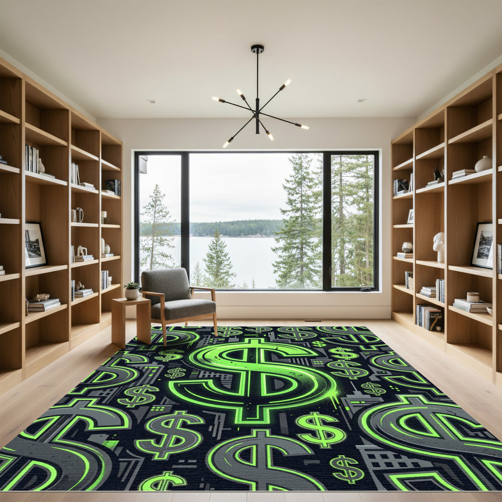 Neon Green Urban Dollar Sign Art Rug