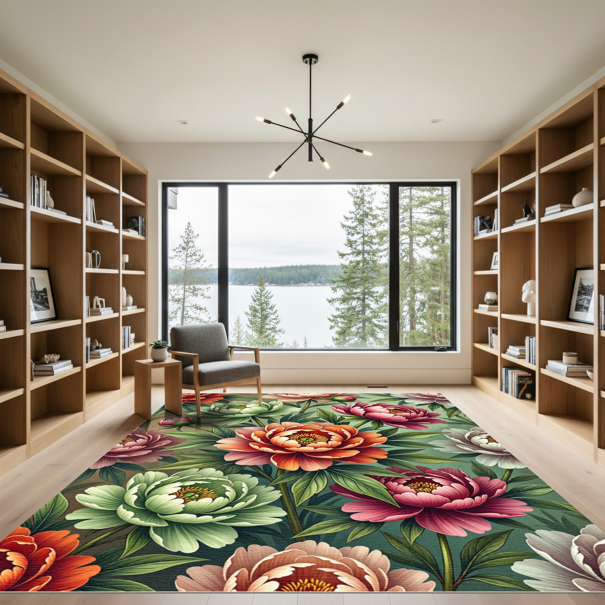 Vibrant Multi-Color Peony Botanical Illustration Rug